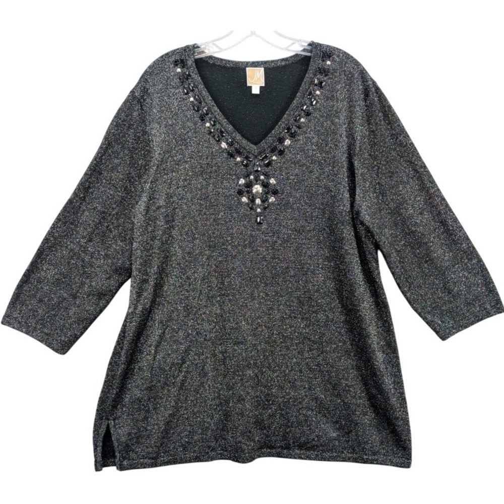 JM Collection Beaded V-Neck 3/4 Sleeve Top Womens 1X Sparkly Black Goth Vacation
